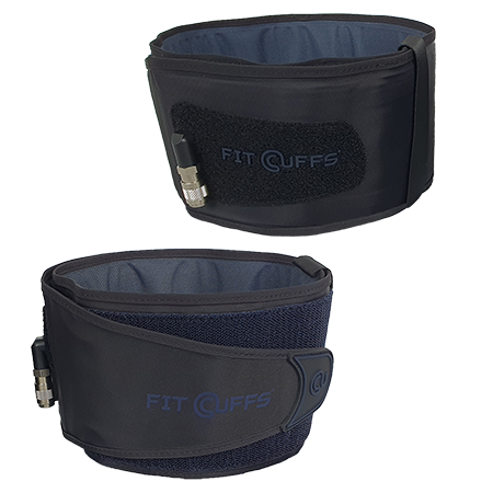 Image of the Fit Cuffs Leg Cuff V3.1, featuring a single adjustable cuff designed for blood flow restriction (BFR) training. The cuff is displayed against a neutral background, highlighting its durable construction and ergonomic design, ideal for lower body workouts and rehabilitation exercises