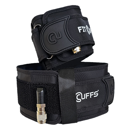 Image of the Fit Cuffs Arm Cuffs V4.0, featuring a pair of adjustable cuffs designed for blood flow restriction (BFR) training. The cuffs are displayed against a neutral background, showcasing their durable construction and improved design for enhanced comfort and performance during upper body workouts and rehabilitation exercises