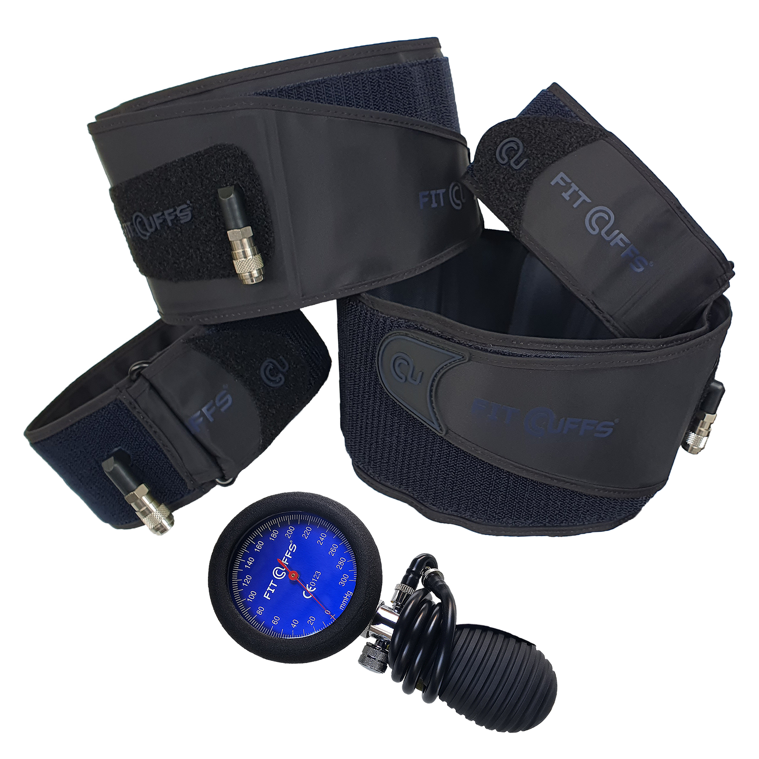 Fit Cuffs - Complete V3.1 package, including 2 pcs Arm Cuffs, 2 pcs Leg Cuffs, and a Standard Pressure Gauge. This comprehensive Blood Flow Restriction (BFR) training set offers precise pressure regulation for both upper and lower body workouts, enabling safe and effective muscle growth and endurance training. Ideal for athletes and fitness enthusiasts looking to optimize their performance and recovery