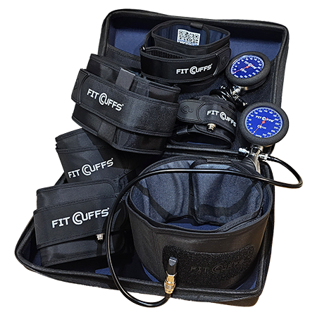 Product image showing the Fit Cuffs Complete x2 set — a state-of-the-art Blood Flow Restriction (BFR) training system. The set includes two standard pressure gauges, two leg cuffs version 5.0, two leg cuffs version 3.1, and two arm cuffs version 4.0. All components are neatly arranged, showcasing the premium design and advanced features ideal for professional and BFR Exercise