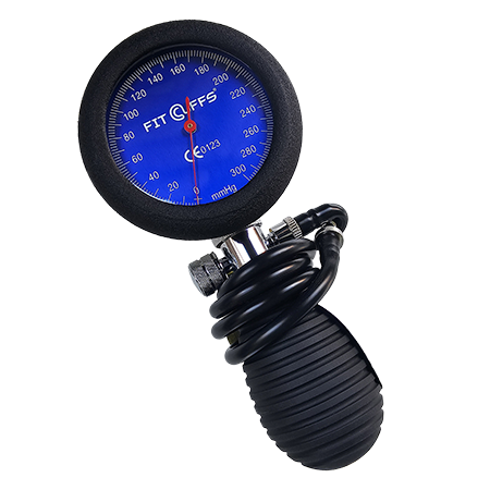 Image of the Standard Pressure Gauge (2024 edition), featuring a robust design with a rubber protective ring for enhanced durability and impact resistance. The gauge is displayed against a neutral background, highlighting its clear dial and precision for accurate pressure monitoring during blood flow restriction (BFR) training