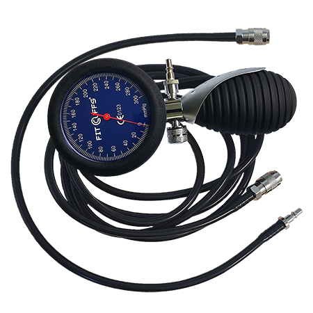 Image of the Wireless Edition of the Pressure Gauge, designed for precise and convenient pressure monitoring during blood flow restriction (BFR) training. The gauge features a sleek, modern design with wireless functionality, allowing for easy adjustments and data tracking. The rubber protective ring ensures durability, and the display is clear for accurate readings during workouts or rehabilitation exercises