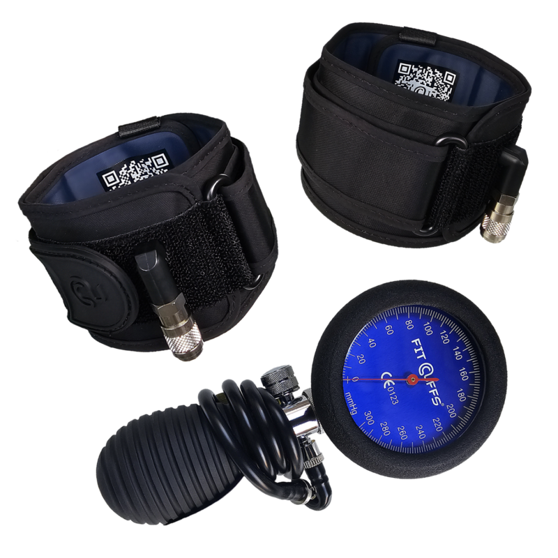 Fit Cuffs - performance Upper V4.0, featuring the left & Right Arm Cuffs with a metal ring for convenient reverse attachment and the Standard Pressure Gauge for precise control. This Blood Flow Restriction (BFR) training set is designed for safe and effective upper body rehabilitation, offering a secure fit to enhance muscle strength and recovery. Ideal for athletes and individuals focused on optimized rehab and performance.