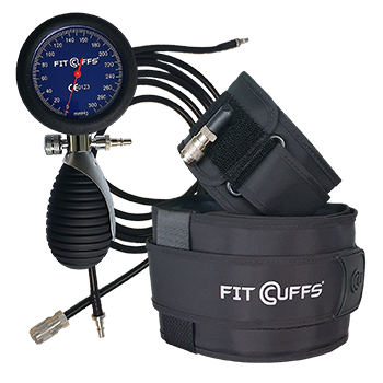 Fit Cuffs Rehab Edition set displaying one Leg Cuff V4.0, one Arm Cuff V4.0, and a wireless pressure gauge. This blood flow restriction (BFR) training kit is designed for comprehensive rehabilitation of both upper and lower body, enabling targeted recovery for single-arm, shoulder, and single-leg exercises. The wireless pressure gauge allows for precise, easy adjustments, enhancing convenience for physical therapy and rehabilitation sessions