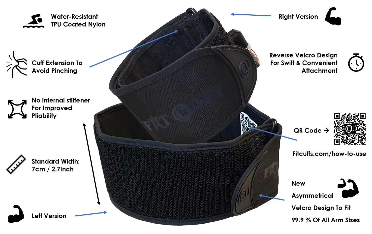 Image displaying the V3.1 arm cuffs, featuring a strong metal ring for secure attachment, a reversed Velcro design for a snug fit, and a waterproof, durable construction for reliable performance