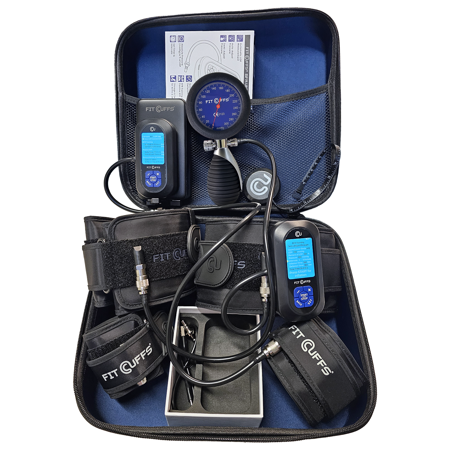 A product image displaying the Fit Cuffs - Complete BFR Unit V4.0 set, which includes 2 blood flow restriction (BFR) units and a standard pressure gauge. The V4.0 cuffs are designed for effective BFR training, offering precise pressure control to enhance muscle growth, strength training, and rehabilitation. The 1500x1500 image showcases the high-quality design and functionality of the Fit Cuffs, making it ideal for athletes and fitness enthusiasts aiming for optimal performance during workouts