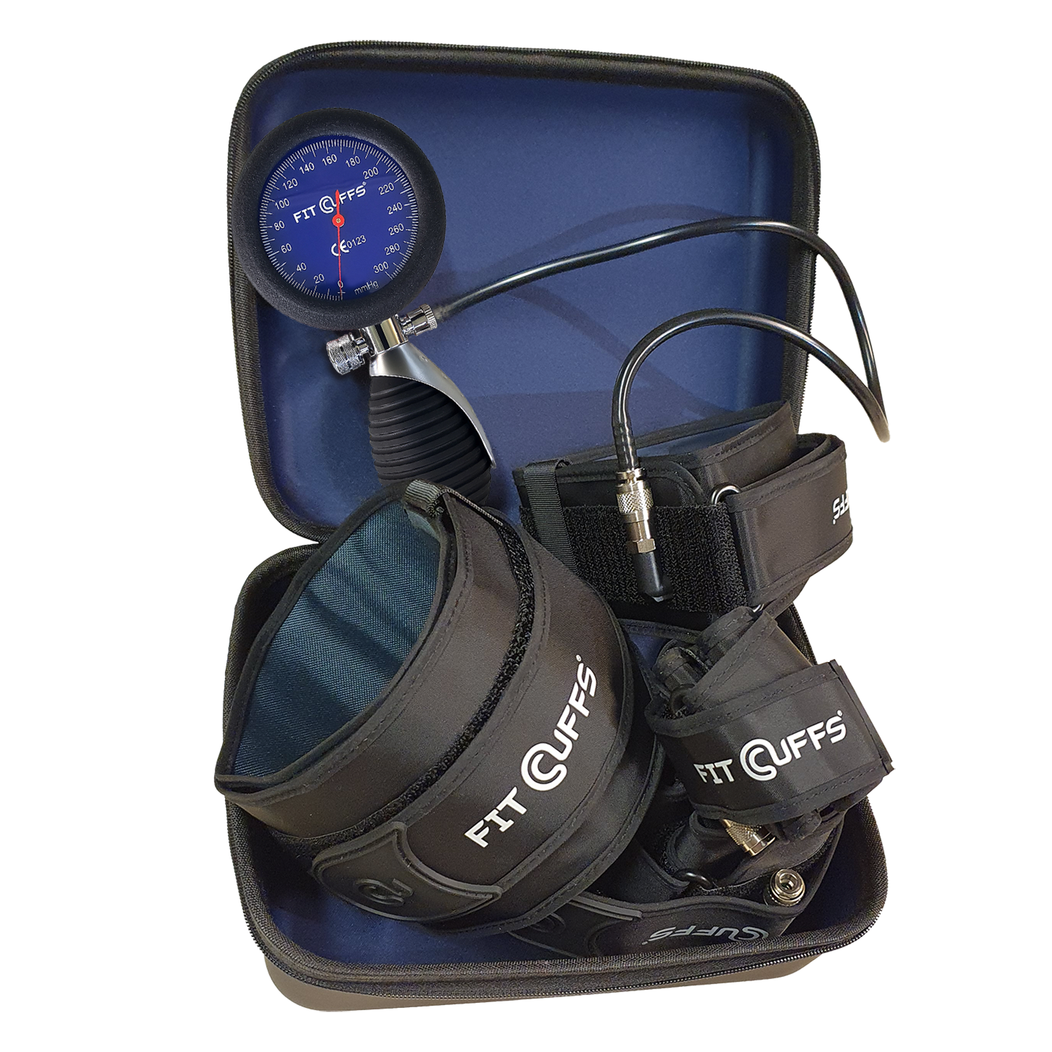 A striking product image showcasing the Fit Cuffs - Complete V4.0 cuffs, designed for effective blood flow restriction (BFR) training. These high-quality cuffs feature an ergonomic design for comfort and secure fit during workouts. Ideal for enhancing muscle growth and strength training, the V4.0 cuffs offer precise pressure control to maximize performance. This sleek image highlights the modern aesthetics and functionality of the Fit Cuffs, making them a must-have for athletes and fitness enthusiasts looking to elevate their training regimen