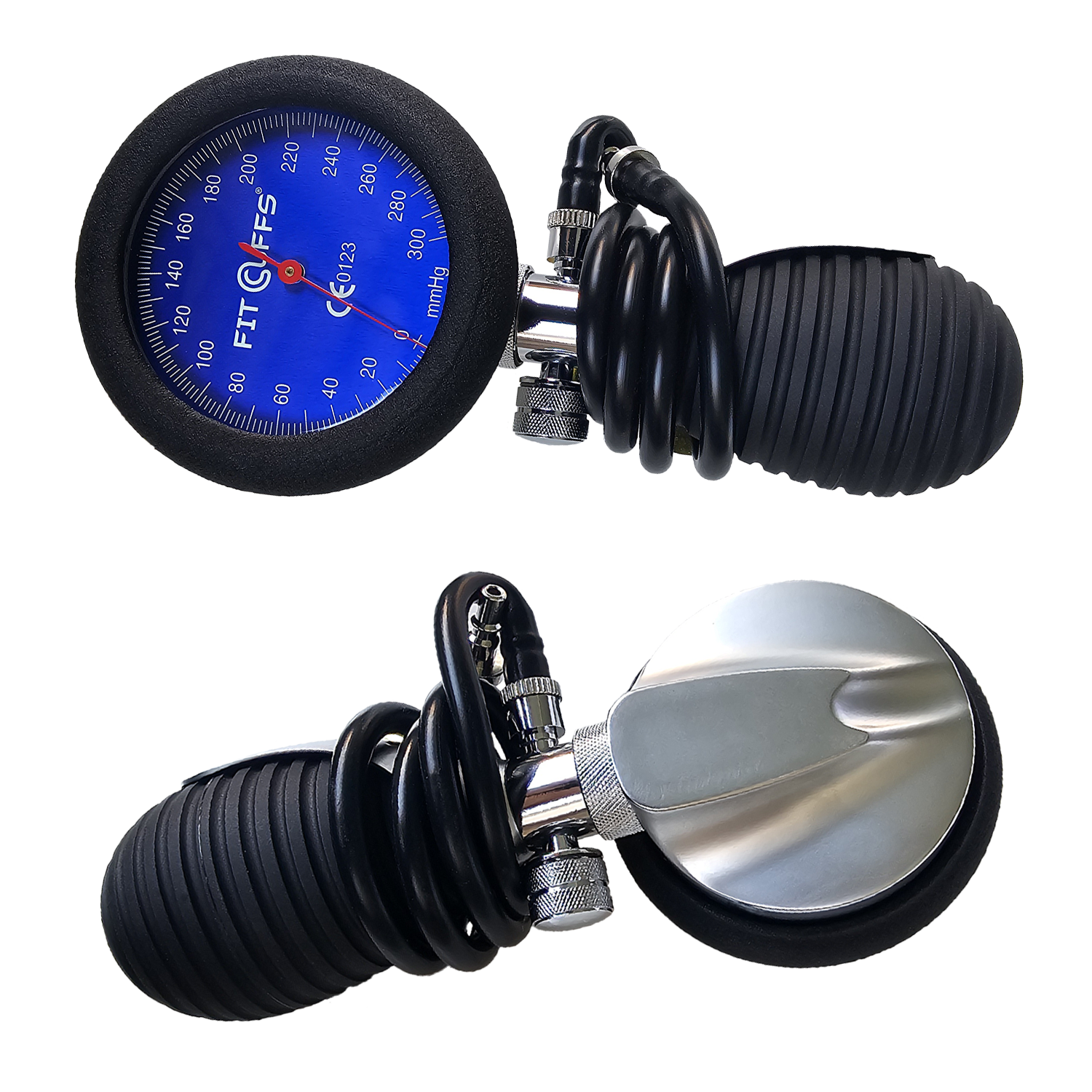 The image shows the front and back views of the "Standard Pressure Gauge 2024" model. The front side features a circular gauge with a clear, glass-covered dial. The dial displays pressure readings in millimeters of mercury (mmHg), with white numbers on a dark blue background. A bright red needle points to the current pressure. The outer rim has a sleek metallic finish. The back side reveals a sturdy metal casing with a threaded connector for installation, along with mounting brackets. The product is clean and durable industrial design