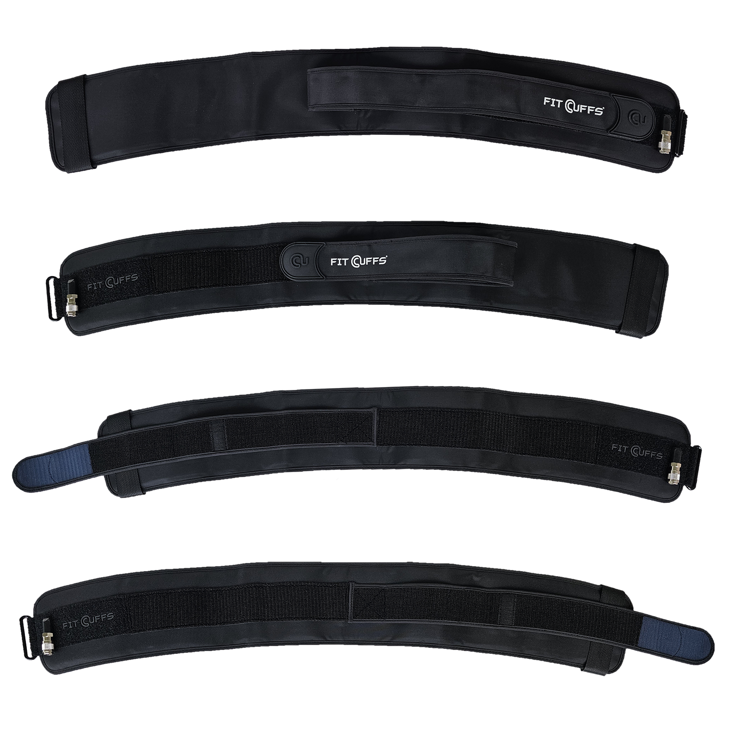 Front view of the Leg Cuffs V5.0, released in December 2024, showcasing two versions of the left and right cuffs. The image highlights their contoured design, engineered for a precise fit that conforms to the leg’s natural shape. Crafted for both comfort and performance, these cuffs feature premium materials and an advanced Velcro system for secure and adjustable use during blood flow restriction training