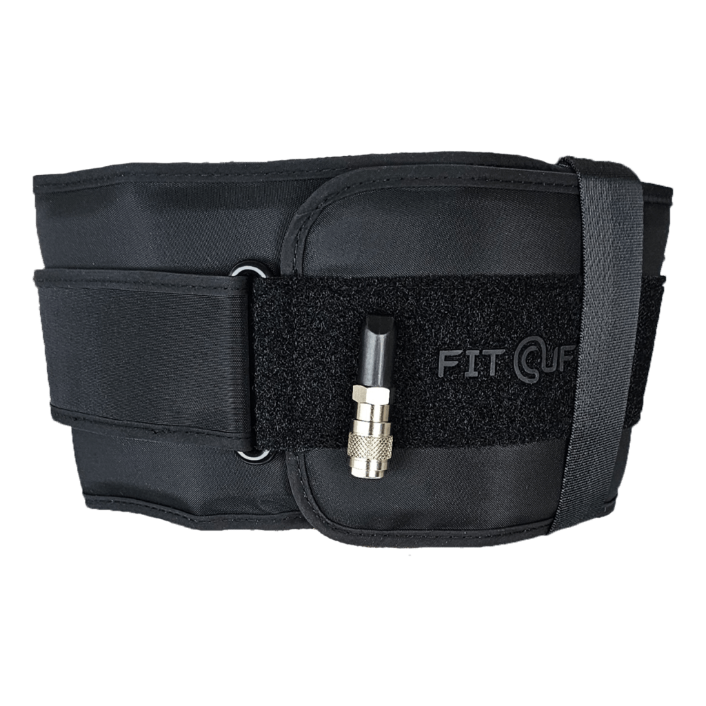 Image displaying the right version of the Leg Cuff V5.0, emphasizing its contoured, cone-like shape. The design tapers naturally to conform to the leg’s anatomy, ensuring a secure and comfortable fit. Perfectly engineered for effective blood flow restriction training with an advanced Velcro system and premium materials