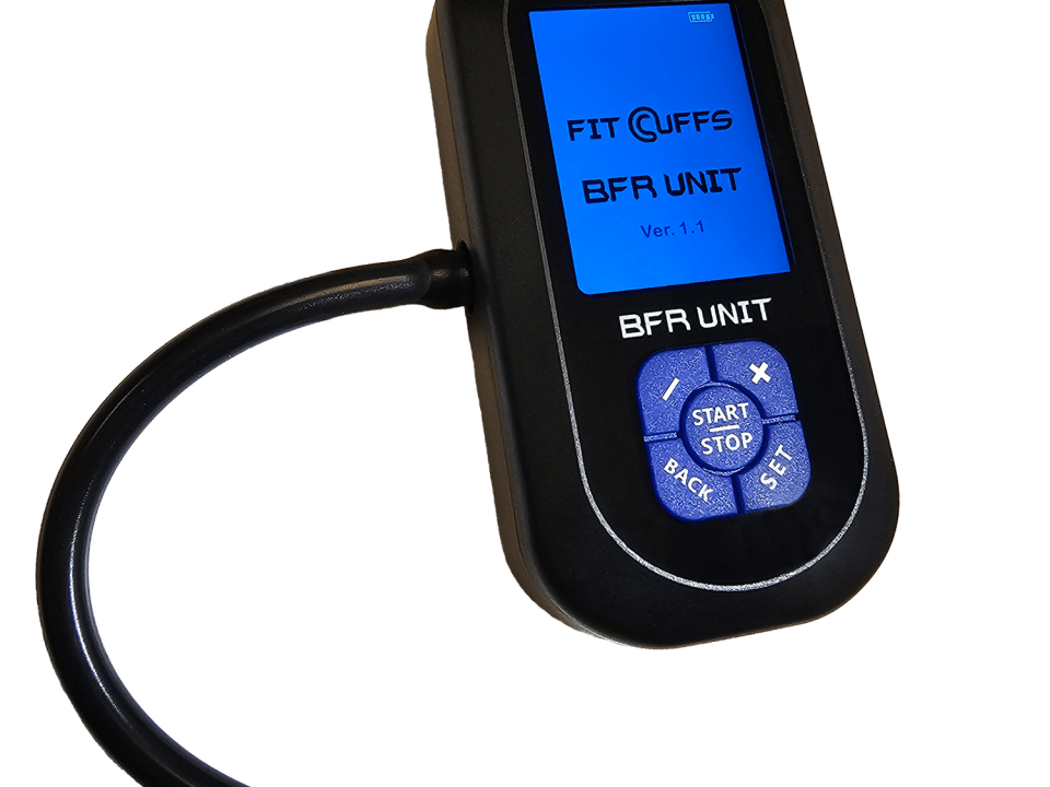 Top page of the Fit Cuffs BFR Unit v1.1 gift box, highlighting key features of the blood flow restriction training system and core functionality of the updated Unit