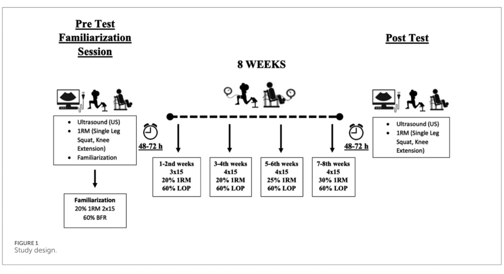 . Overview of the study design from Akçay et al. (2026) examining autoregulation during blood flow restriction (BFR) training. The figure illustrates the experimental setup comparing autoregulated versus non-autoregulated pressure conditions using the BFR Unit from Fit Cuffs. It outlines participant allocation, intervention procedures, pressure application methods, and the primary outcome measures assessed during the training sessions.