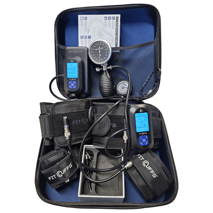 Fit Cuffs Complete set featuring two BFR Units, a Power Bank, a Pressure Gauge, and V4.0 Cuffs for effective blood flow restriction training