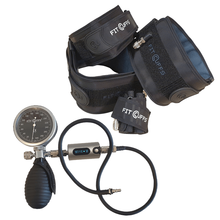 Fit Cuffs V4.0 + lop Device for BFR Training: Innovative blood flow restriction system designed to optimize workouts by restricting blood flow to targeted muscles, enhancing strength and performance