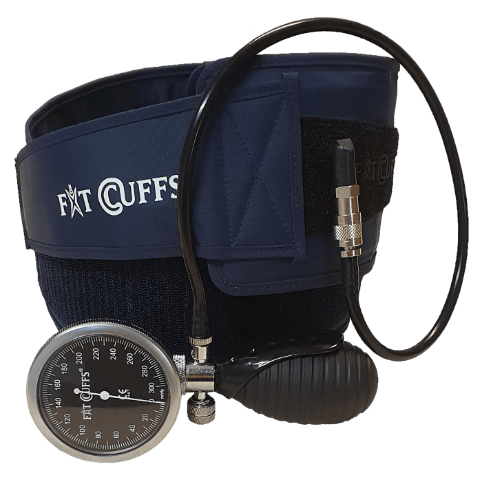 Fit Cuffs - Rehab Lower (V2.1). This is the most recent version of the straight Leg Cuff. It comes with optional pressure gauges. The length of the cuff and its application means it fits 99% of all people. This is the state of the BFR Training.
